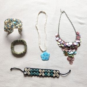 Multicolor Sea Shell Necklace Bracelet Cuff Bundle Set Plumeria Corral Abalone